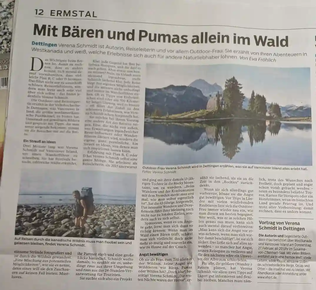 Presse 35 Artikel über Autorin und Outdoorfrau Verena Schmidt in der Südwstpresse